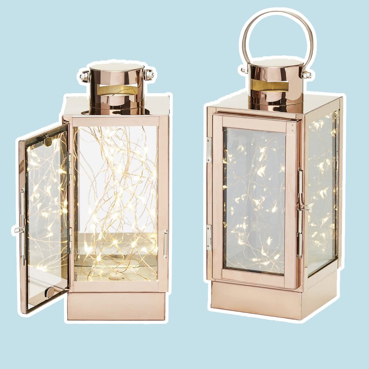 Rose Gold Flameless Lanterns, 30 Fairy LEDs, Copper Wire, Timer Option and Batteries Included - Set of 2