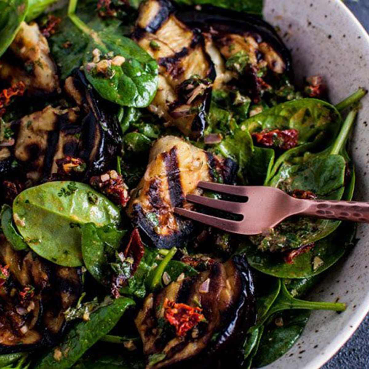 grilled eggplant spinach salad