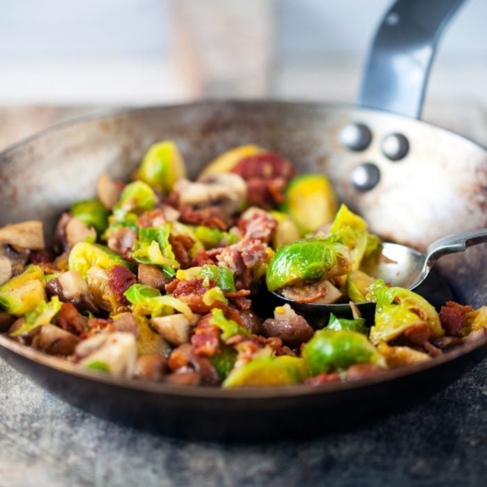 Brussels sprouts with mushrooms and bacon