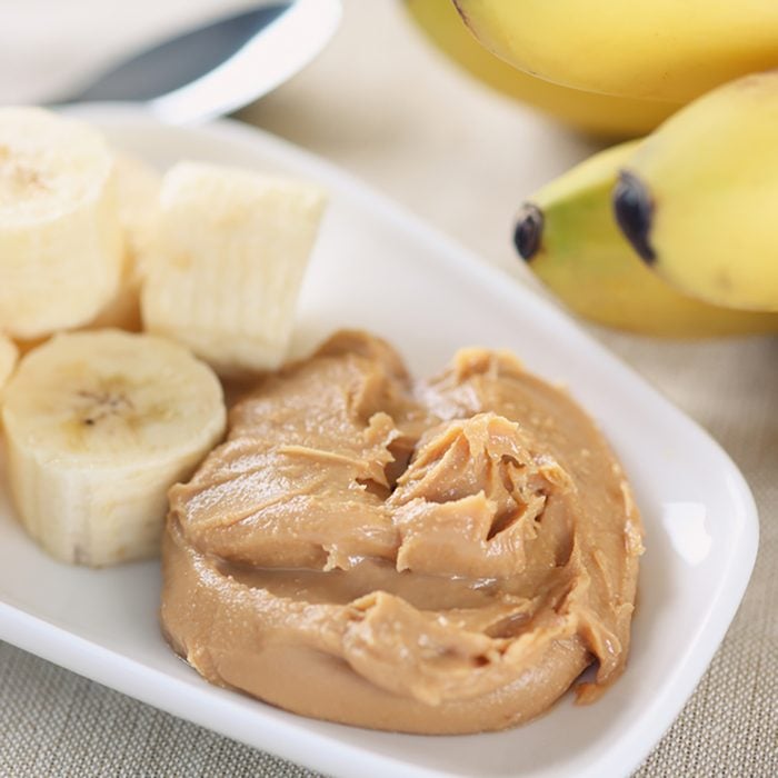 Homemade peanut butter and bananas. Homemade peanut butter ingredients: peanuts (roasted, unsalted, shelled), peanut oil, honey. No salt, no sugar.