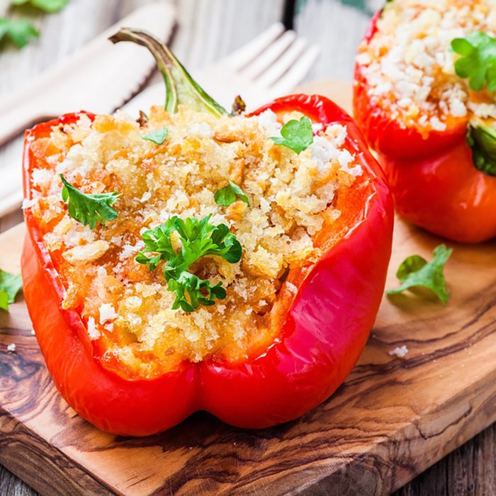 vegetarian stuffed paprika peppers with breadcrumbs and parsley;