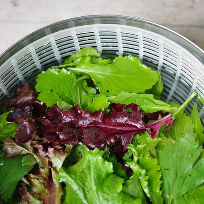 Freshly picked salad greens being washed in a salad spinner bowl