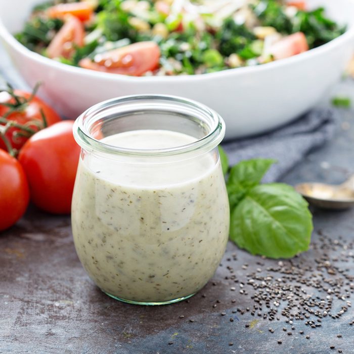Chia seed healthy ranch salad dressing in a jar