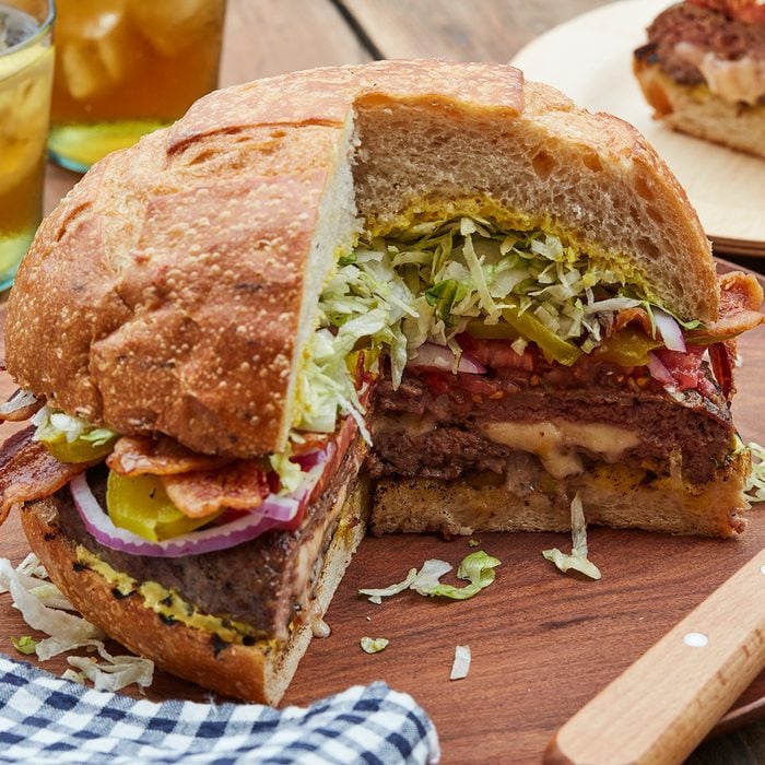 Roger Mooking’s Giant Bacon-Cheddar Juicy Lucy Burger.