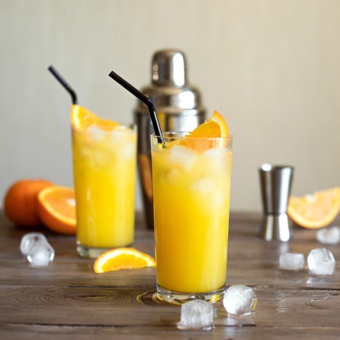 Screwdriver Cocktail with vodka, ice and orange juice. 