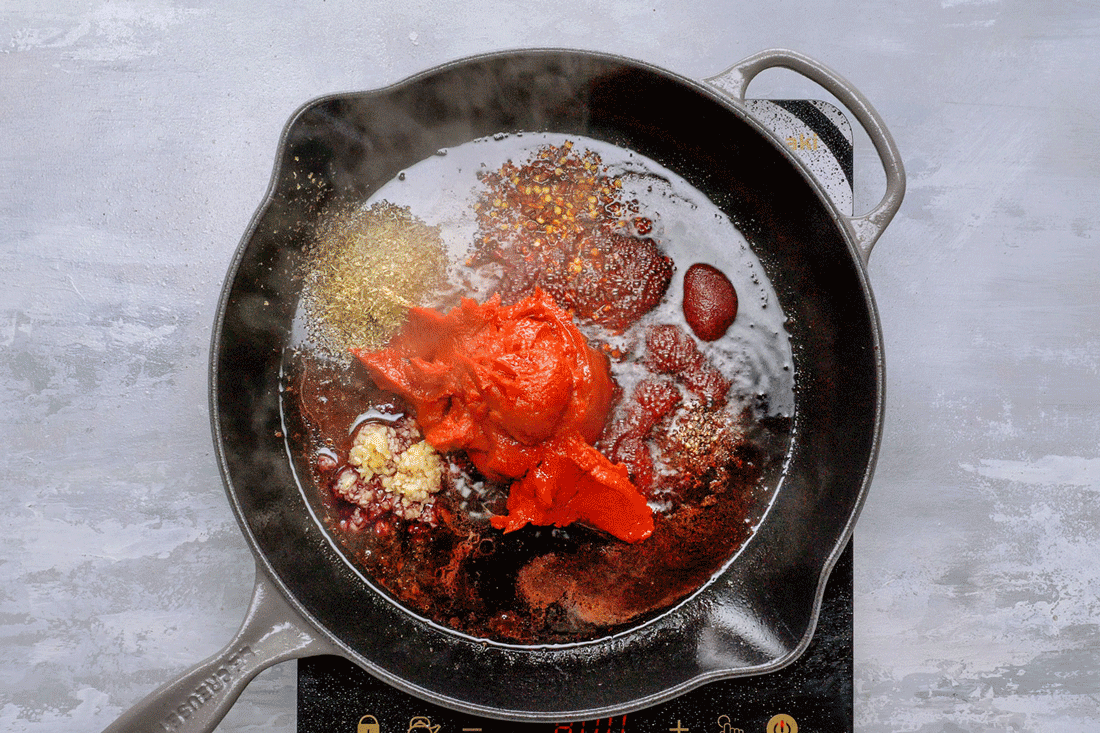Tomato paste and other ingredients in a Skillet