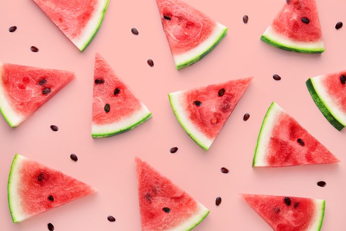 Watermelon slices pattern viewed from above. Top view. Summer concept.