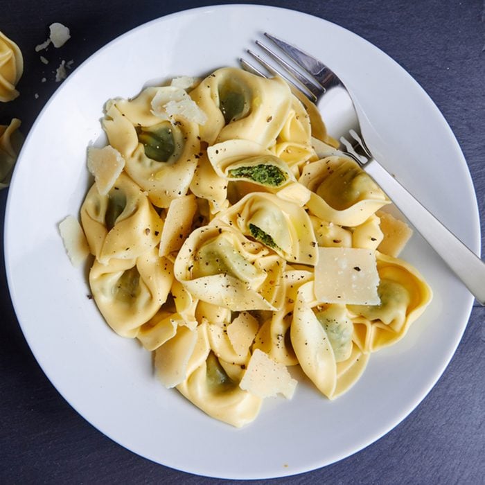 Tortellini dish with ricotta and spinach, top view