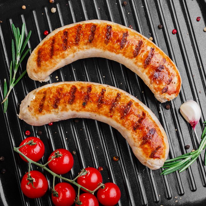 chicken sausages on a grill pan