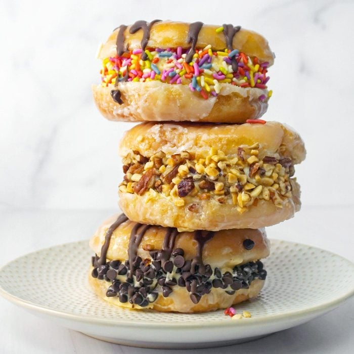 stack of Doughnut Ice Cream Sandwiches on a plate