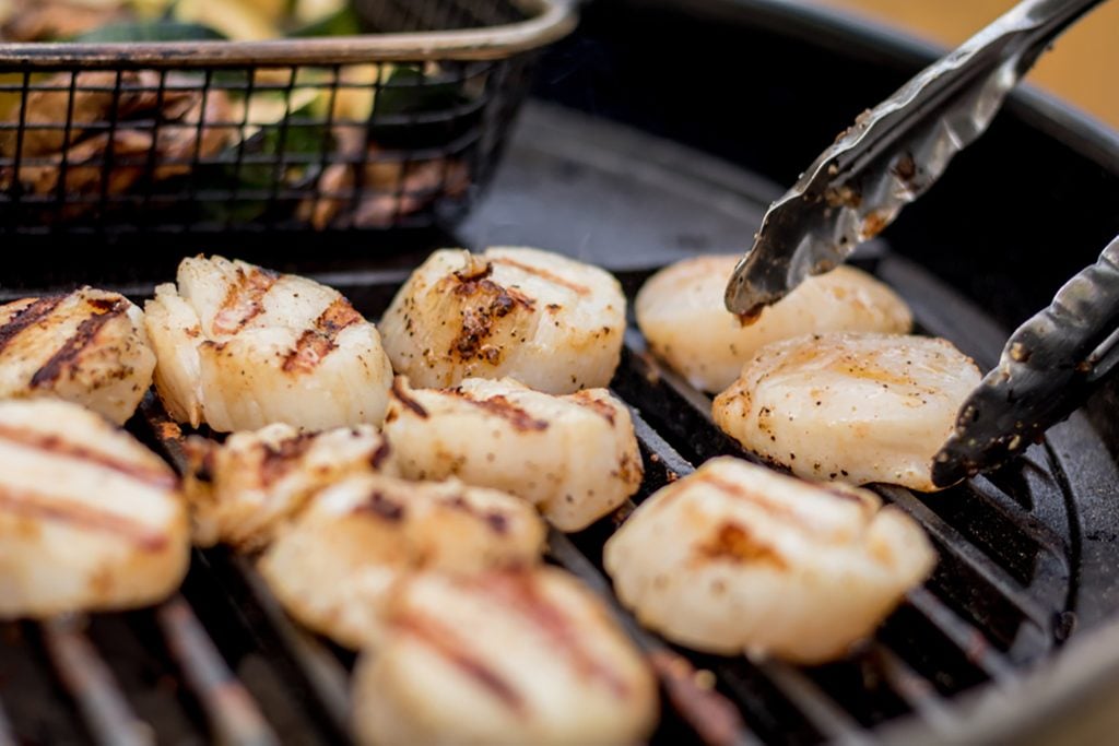 Delicious sizzling sea scallops grilling on a charcoal grill