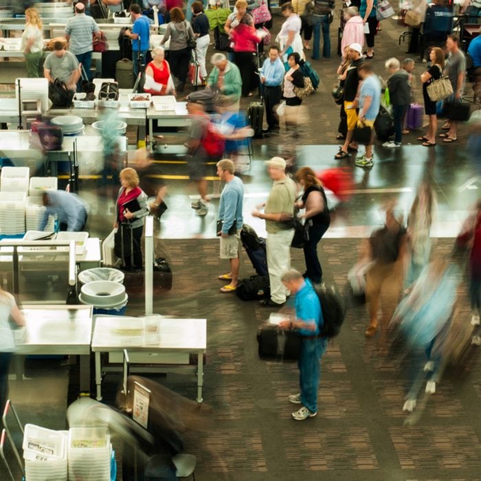 TSA lines at Denver International Airport, Colorado.