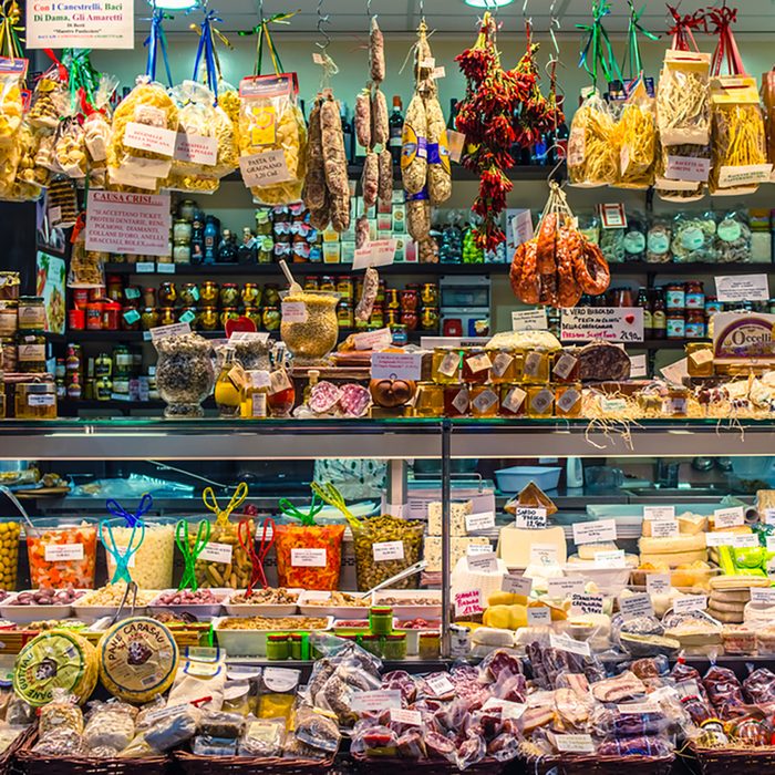 Various cheese and other quality Italian products for sale in Mercato Orientale, famous market in central Genoa