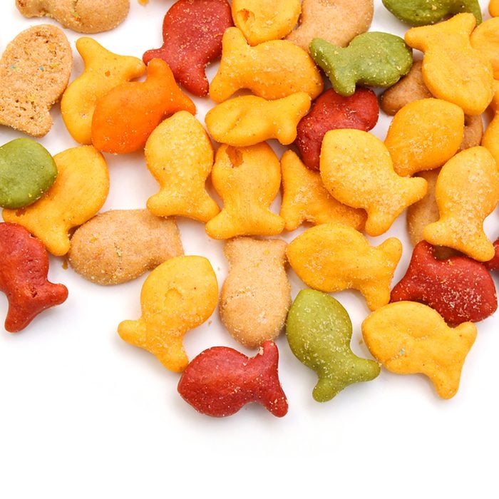 A scaterring of yellow goldfish crackers