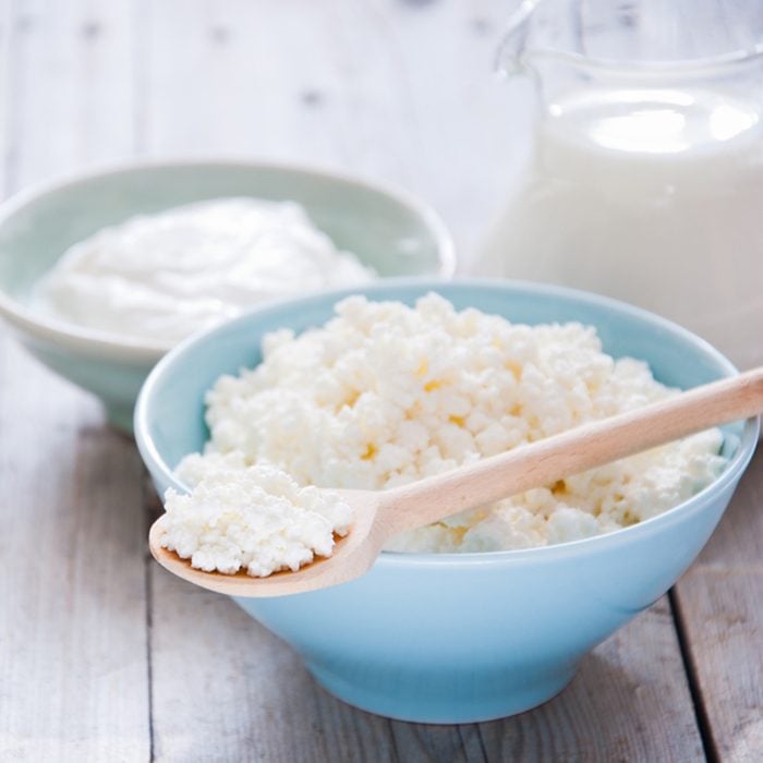 Organic Farming Cottage cheese in a blue bowl