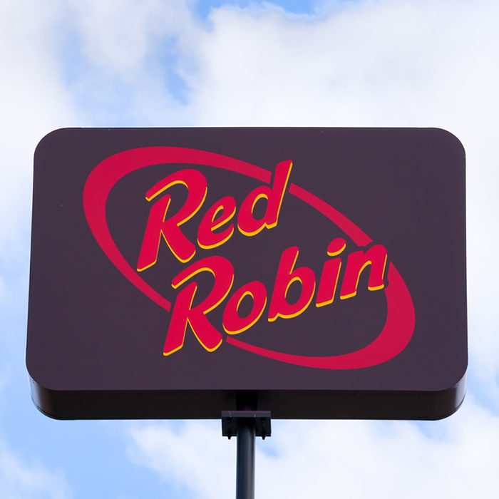 Red Robin Gourmet Burger restaurant exterior sign and logo. Red Robin is a chain of casual dining restaurants