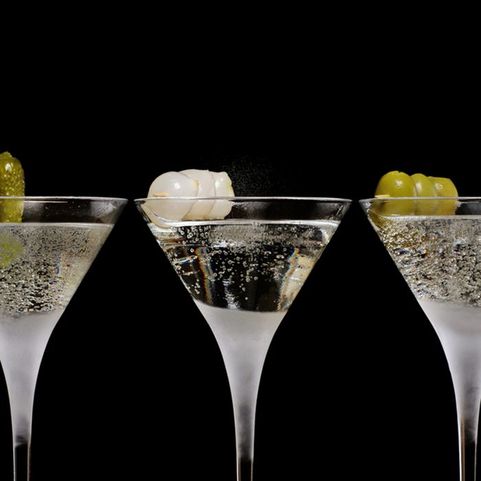 three cocktails in a row, gin/martini/vodka