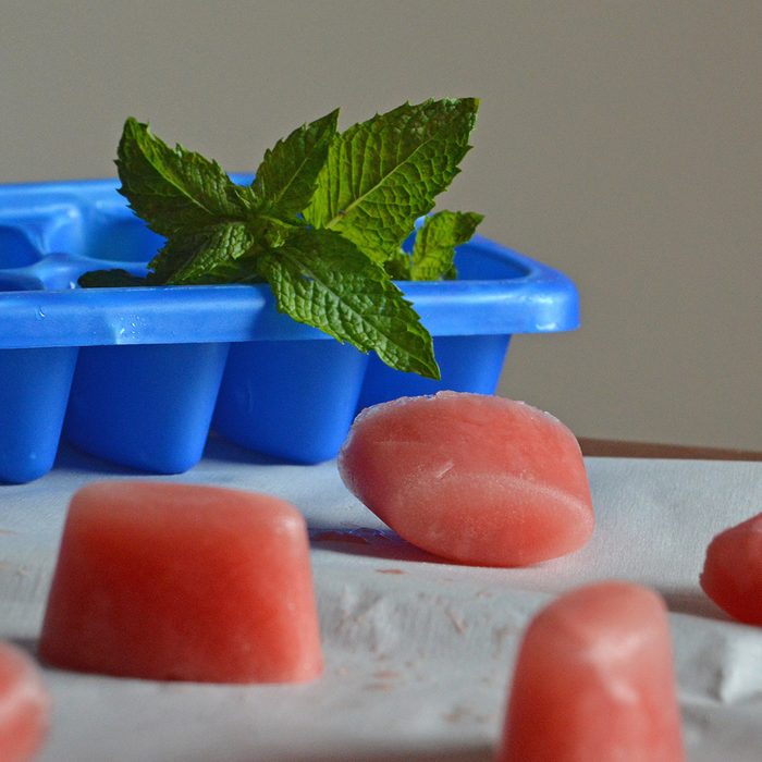 Watermelon line ice cubes with mint
