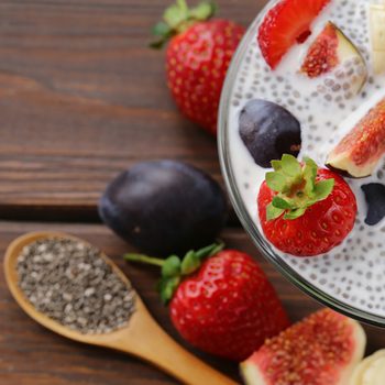 Healthy eating super foods - chia seeds and fruits.