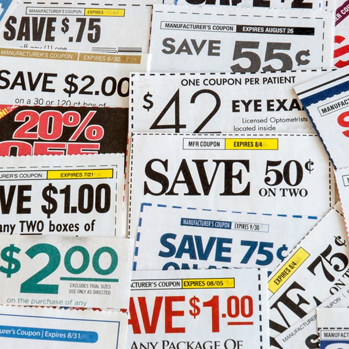 Colorful clipped multi valued grocery coupons.