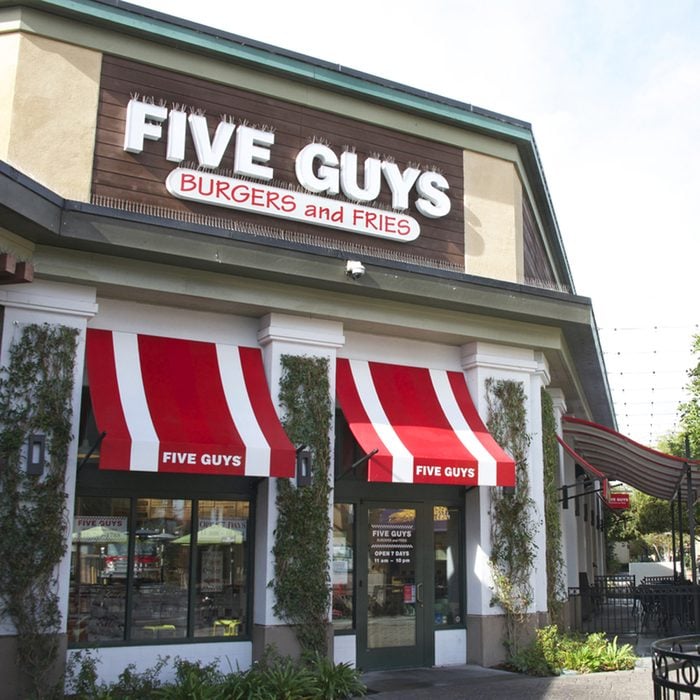 Five Guys Burgers and Fries restaurant exterior. 