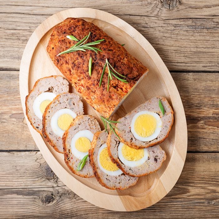Baked meatloaf with boiled eggs.