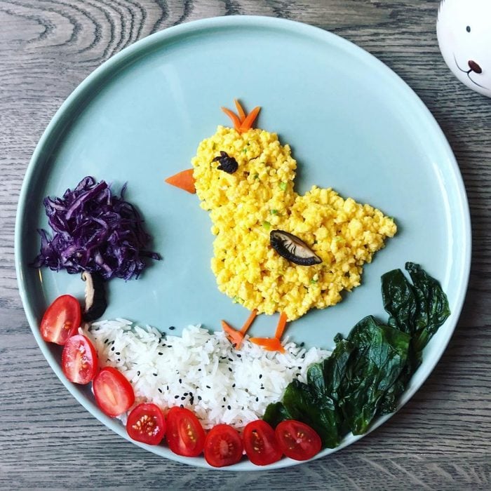 chicken shaped plate of food