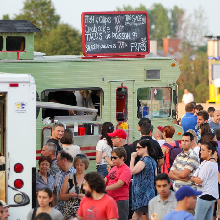 More than 40 food trucks on the esplanade Financiere Sun Life for the event first friday of the month on august 01 in Montreal, Canada.