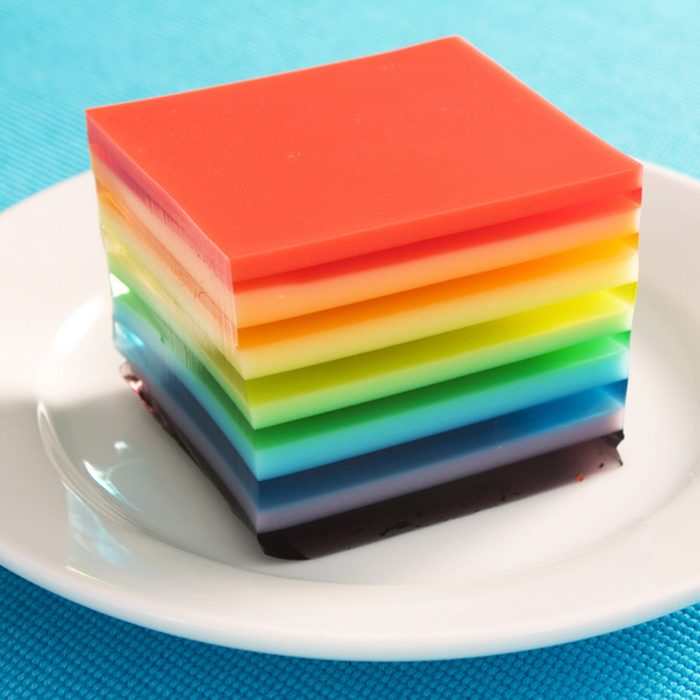 A colorful treat of rainbow layered gelatin dessert. Opaque layers are made with condensed milk.; Shutterstock ID 36610294