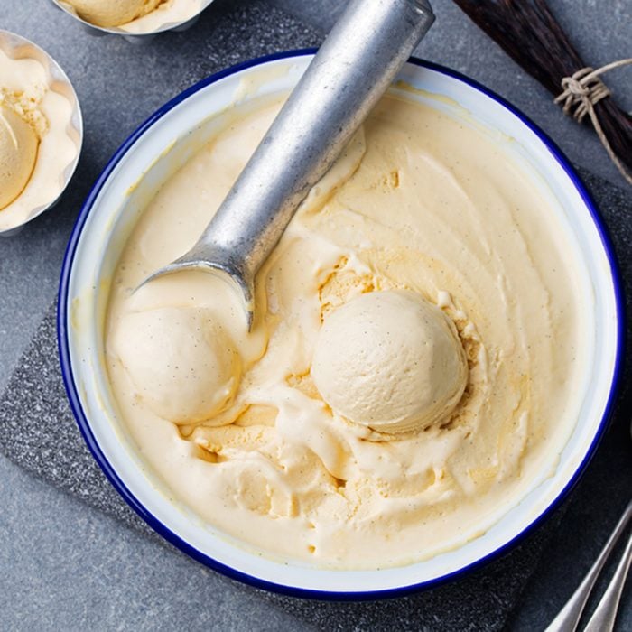 Homemade vanilla, caramel ice cream in vintage bowl Organic product on a grey stone background; Shutterstock ID 413974858; Job (TFH, TOH, RD, BNB, CWM, CM): Taste of Home