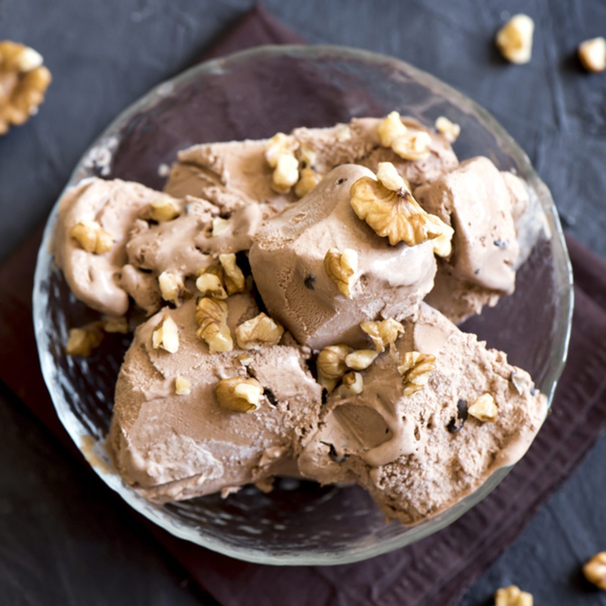 Homemade chocolate ice cream topped with walnuts in glass bowl - healthy homemade dairy free, gluten free, vegan dessert; Shutterstock ID 573399205; Job (TFH, TOH, RD, BNB, CWM, CM): Taste of Home