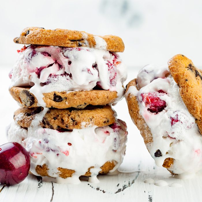 Homemade Black Forest roasted cherry ice cream sandwiches with chocolate chip cookies ; Shutterstock ID 684856273; Job (TFH, TOH, RD, BNB, CWM, CM): Taste of Home