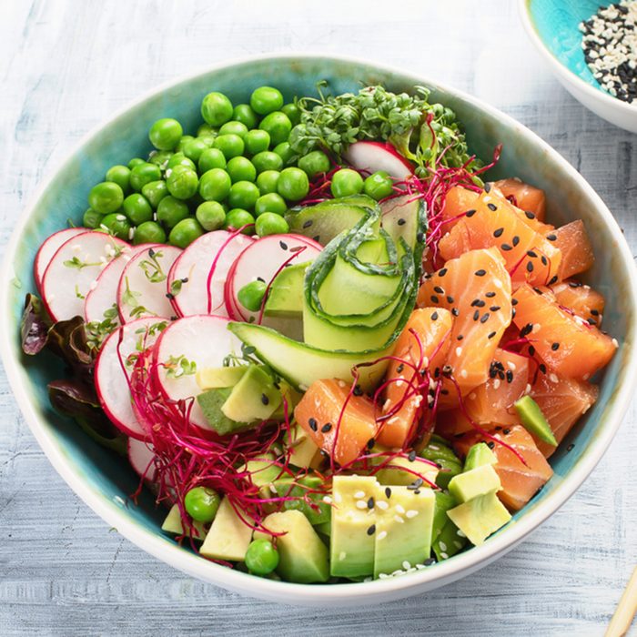 Raw Organic Ahi Salmon Poke Bowl.