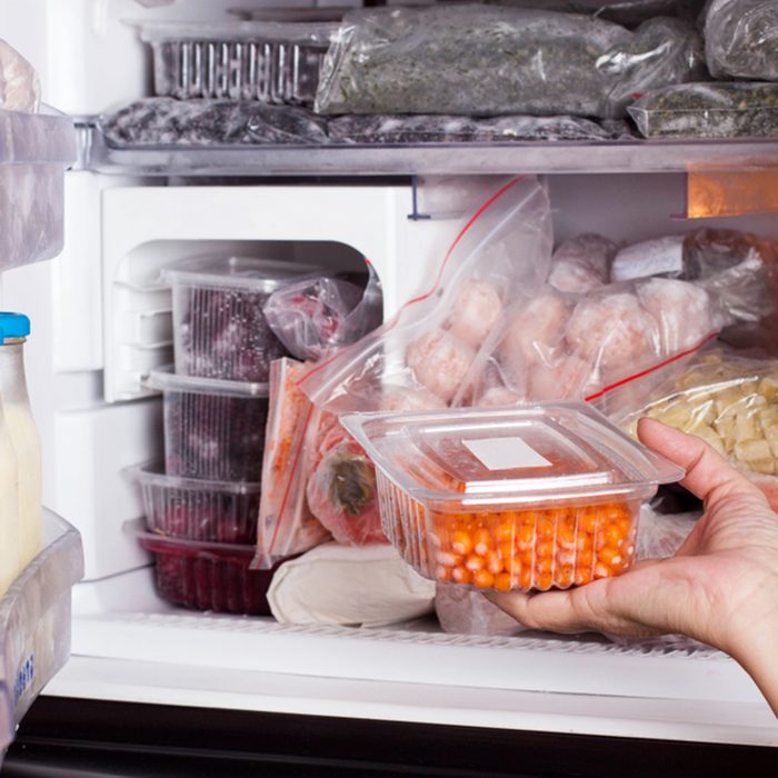 Frozen food in the refrigerator. 