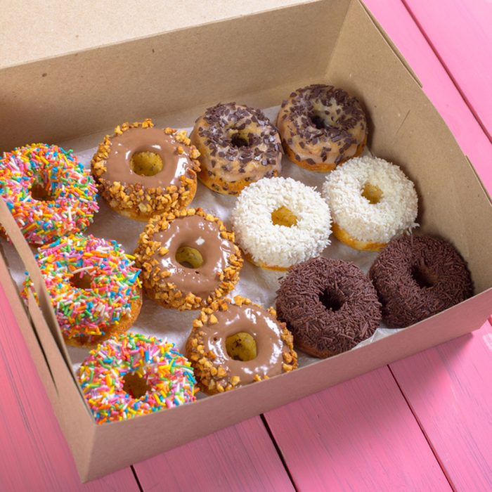 Colorful donuts in box; Shutterstock ID 422346634; Job (TFH, TOH, RD, BNB, CWM, CM): Taste of Home