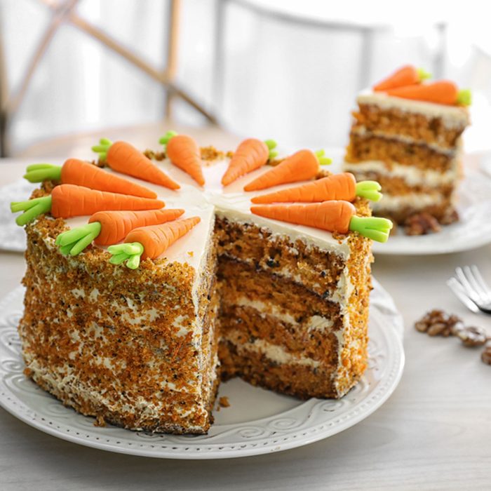 Delicious sliced carrot cake and tea on table; Shutterstock ID 693446158; Job (TFH, TOH, RD, BNB, CWM, CM): Taste of Home