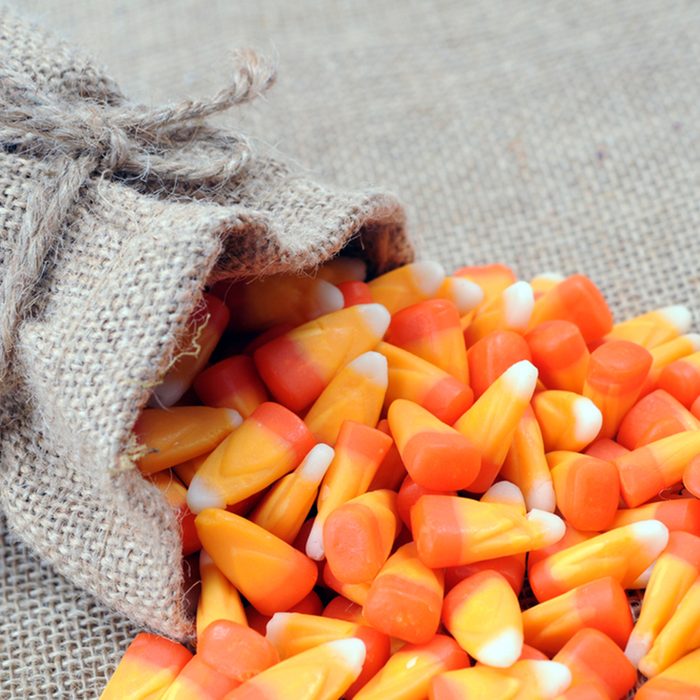 Halloween candy corn falling out burlap bag