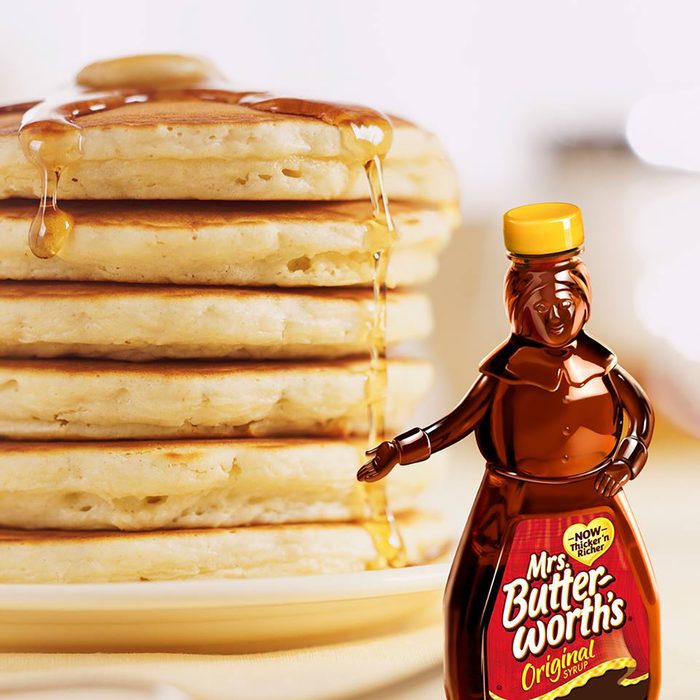 Mrs. Butterworth's syrup with pancakes