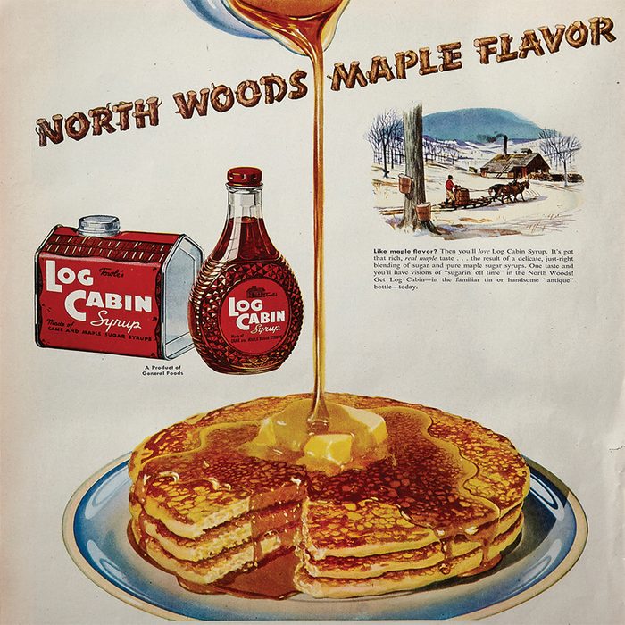 vintage ad for log cabin maple syrup
