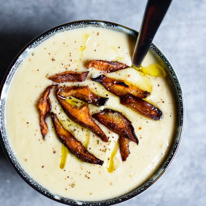 White Asparagus Coconut Cream Soup with Shiitake Bacon