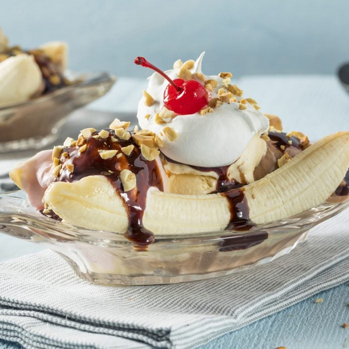 Sweet Homemade Banana Split Sundae with Chocolate Vanilla Strawberry Ice Cream