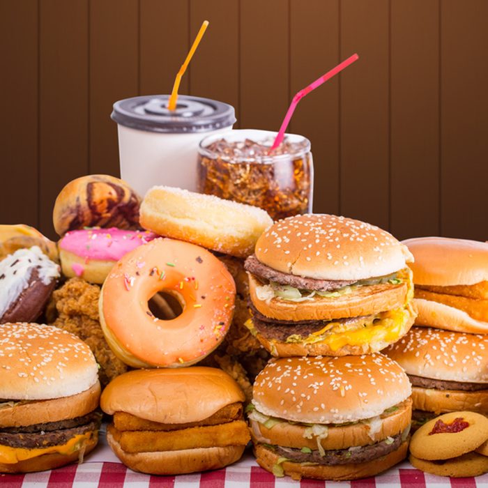 Multiple type of Fast food on table.