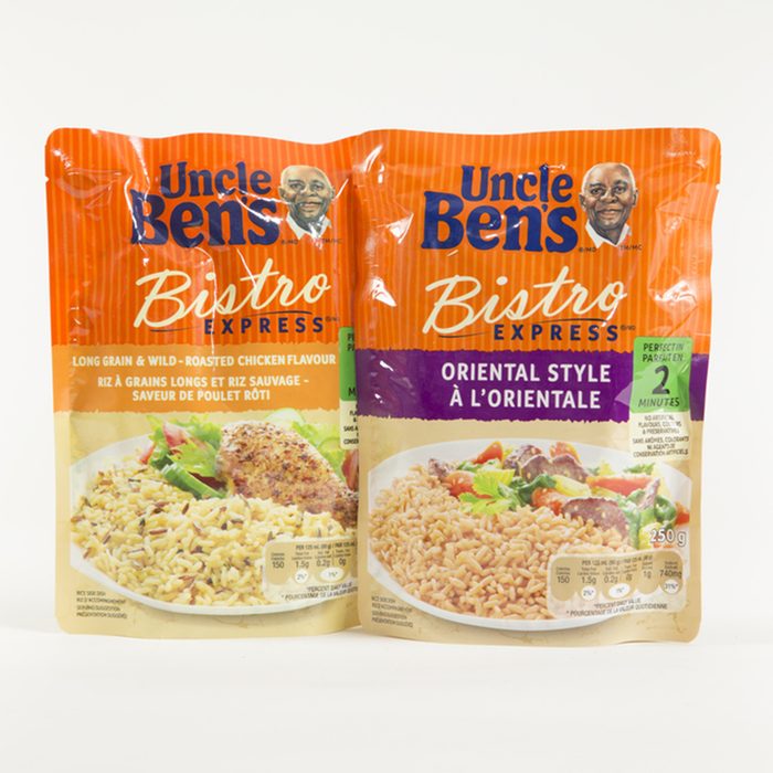 Two Flavors of Uncle Ben's Bisto Express Microwave Rice shown on a bright background