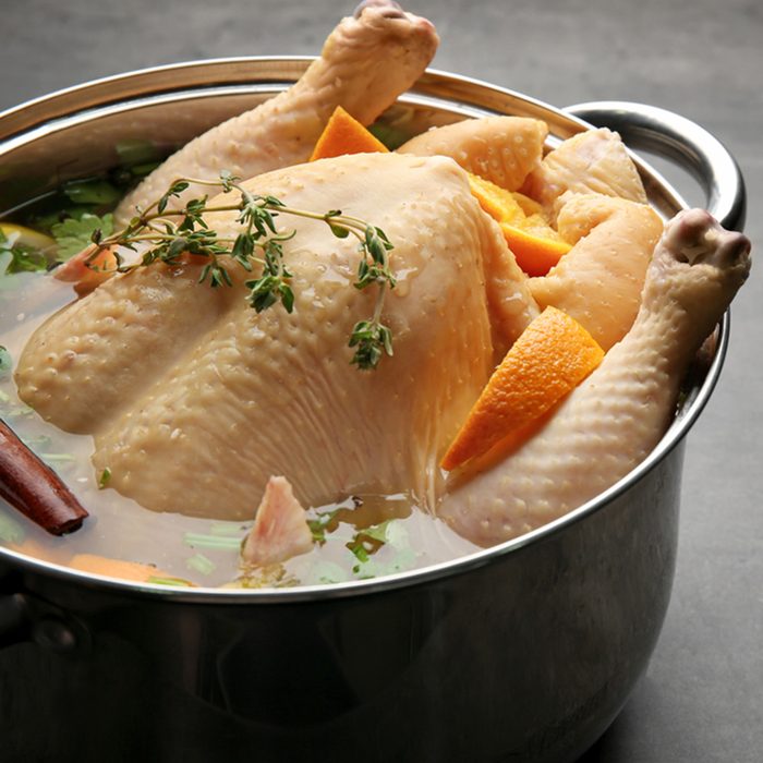 Cooking pot with turkey soaked in flavored brine