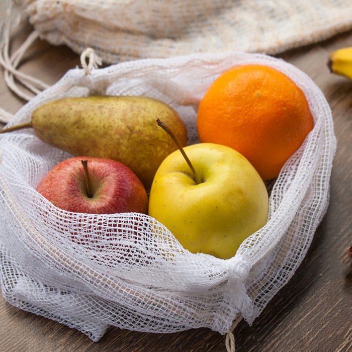 Zero waste, plastic free recycled textile produce bag for carrying fruit 