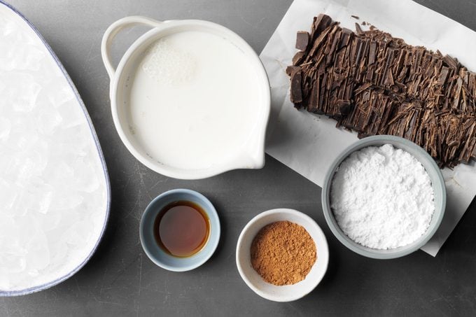 top view of ingredients for frozen hot chocolate