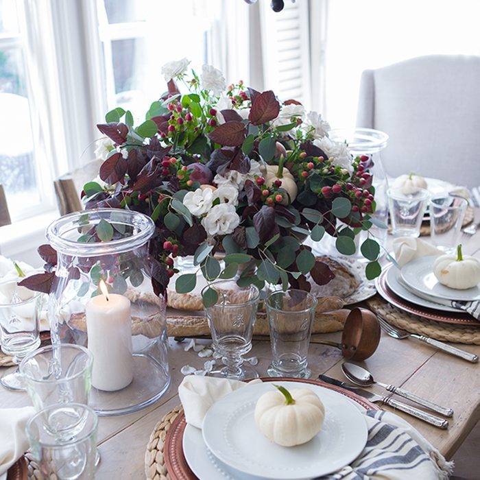 PLUM, BURGUNDY, VINTAGE COPPER, WHITE PUMPKINS TABLESCAPE