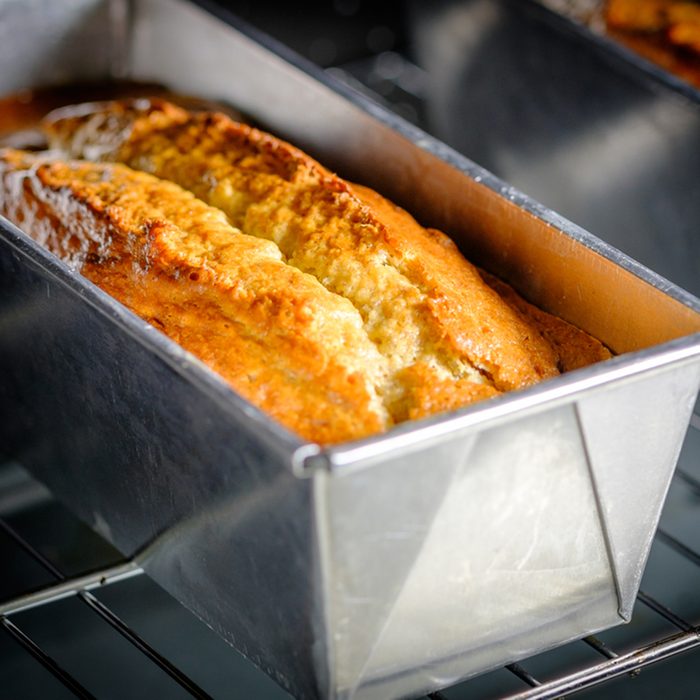 Homemade Banana Bread or Cake in a stainless tray fresh from the oven.
