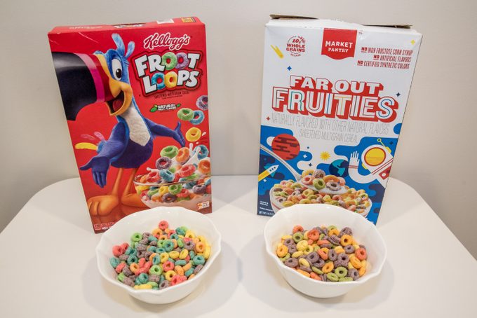 kellogg's froot loops vs market pantry far our fruities cereal generic vs name brand cereal
