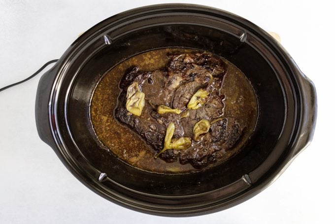 Mississippi Pot Roast cooked in slow cooker